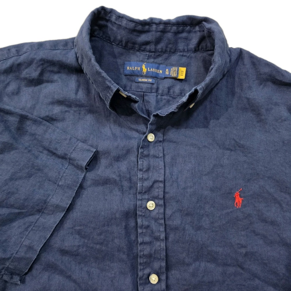 POLO Ralph Lauren Classic Fit Linen Shirt XL Navy Blue Button Down Red Pony